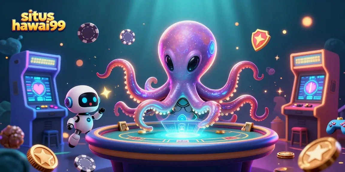 Engage in the thrilling gameplay of situs hawai99 with an exciting holographic poker table and vibrant gaming elements.