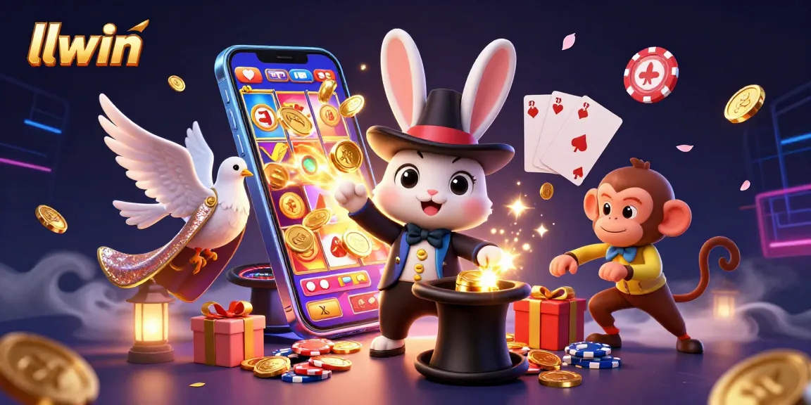 llwin's magical scene with a magician rabbit and golden coins in a vibrant casino atmosphere