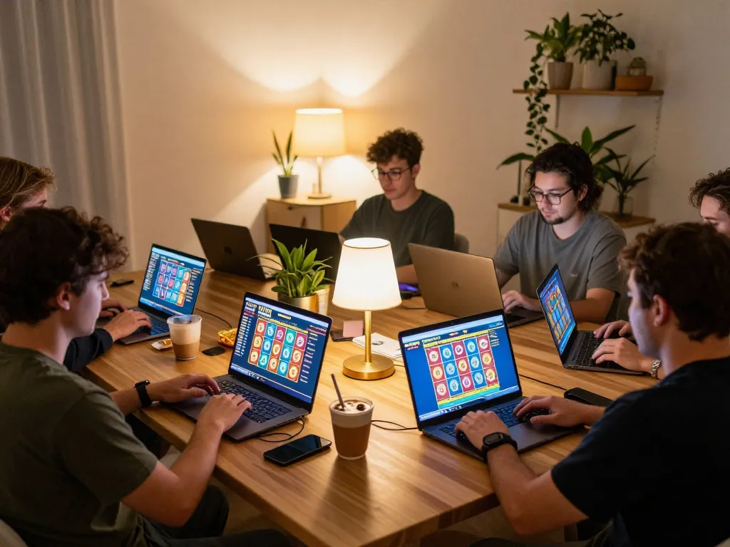 Players enjoying fun79 casino games on laptops in a cozy online gaming setup