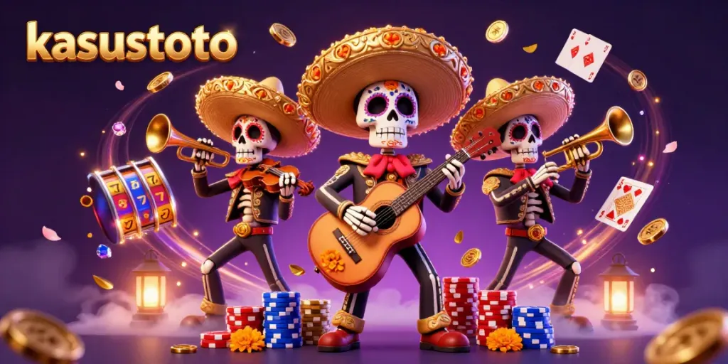 Kasustoto menampilkan band mariachi tengkorak ceria dengan koin emas berkilauan di latar belakang.