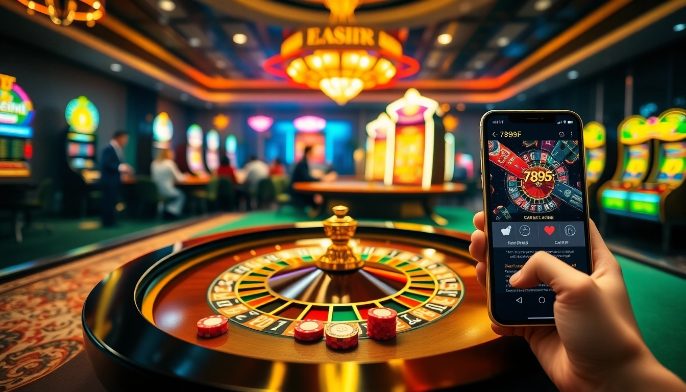 A thrilling gaming experience with the 789F APP displayed on a smartphone amid dynamic casino tables.