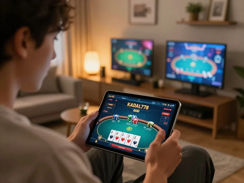 KADAL778 player engaging in an exciting poker game on tablet, showcasing a dynamic online gaming experience.