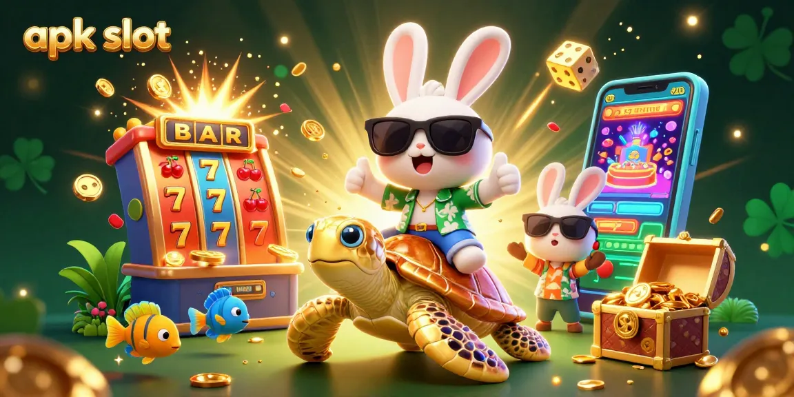 Play exciting apk slot games with a lucky rabbit and golden turtle in a vibrant casino scene.