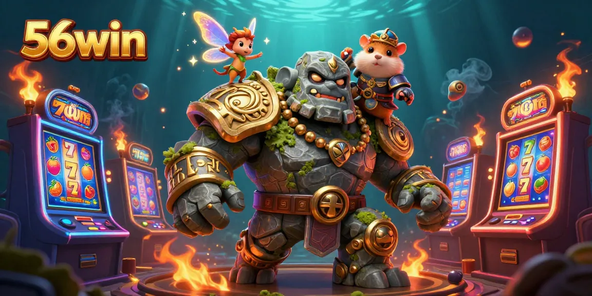 Engage in thrilling slots with 56win featuring a magical golem guardian, fairy, and hamster knight!