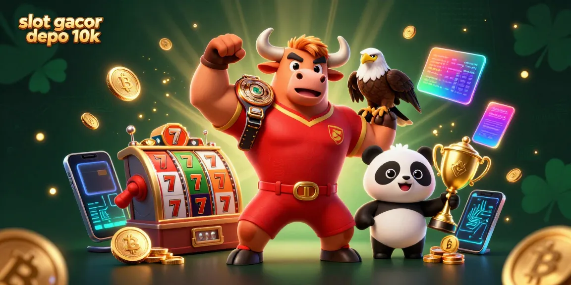 Permainan slot gacor depo 10k dengan karakter menarik merayakan kemenangan jackpot.