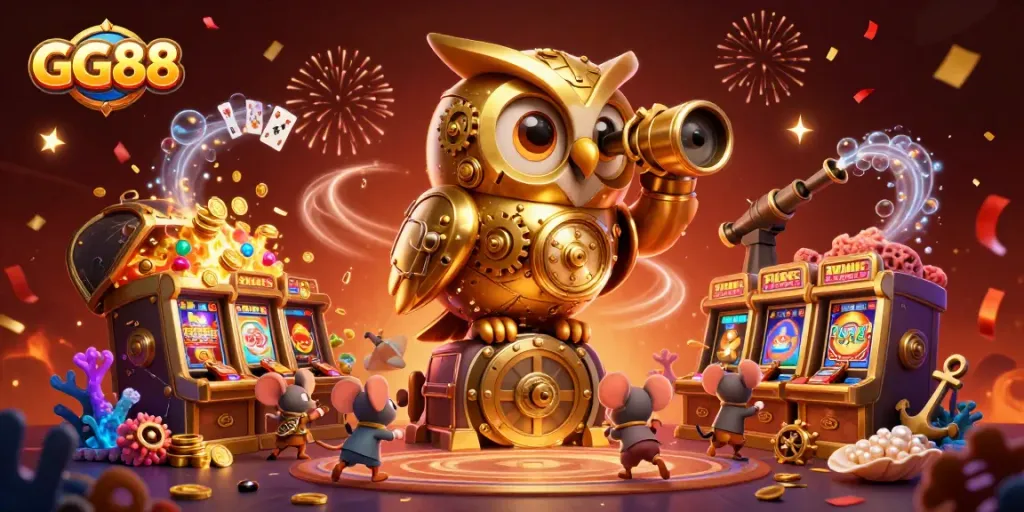 Engage in thrilling gameplay at GG88 with diverse casino games and vibrant animated characters.