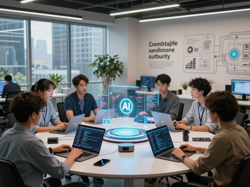 Collaboration of developers using crush ai in a modern workspace with holographic displays.