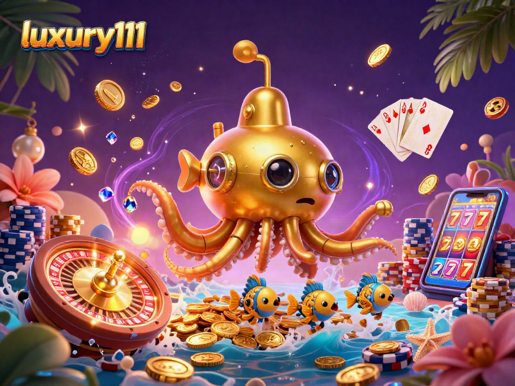 Experience win excitement with luxury111 in this vibrant 3D casino-themed illustration.