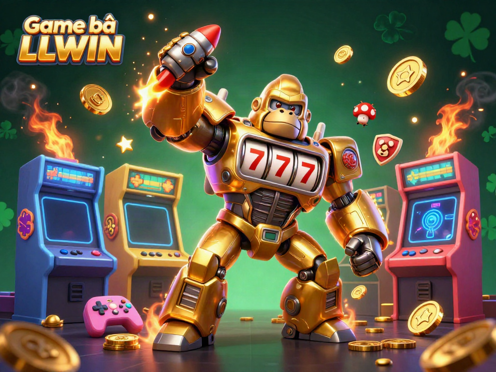 Experience action-packed gaming excitement with Game bài LLWIN featuring a golden gorilla mech amidst vibrant casino elements.