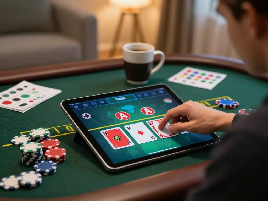 98win player placing a strategic bet in an online blackjack game on a cozy tablet setup.