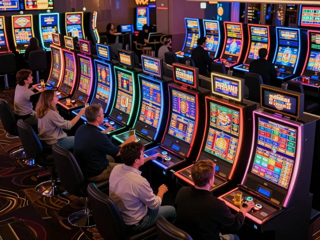 Pemain memutar mesin mega slot di suasana kasino yang meriah, kegembiraan menang terlihat jelas