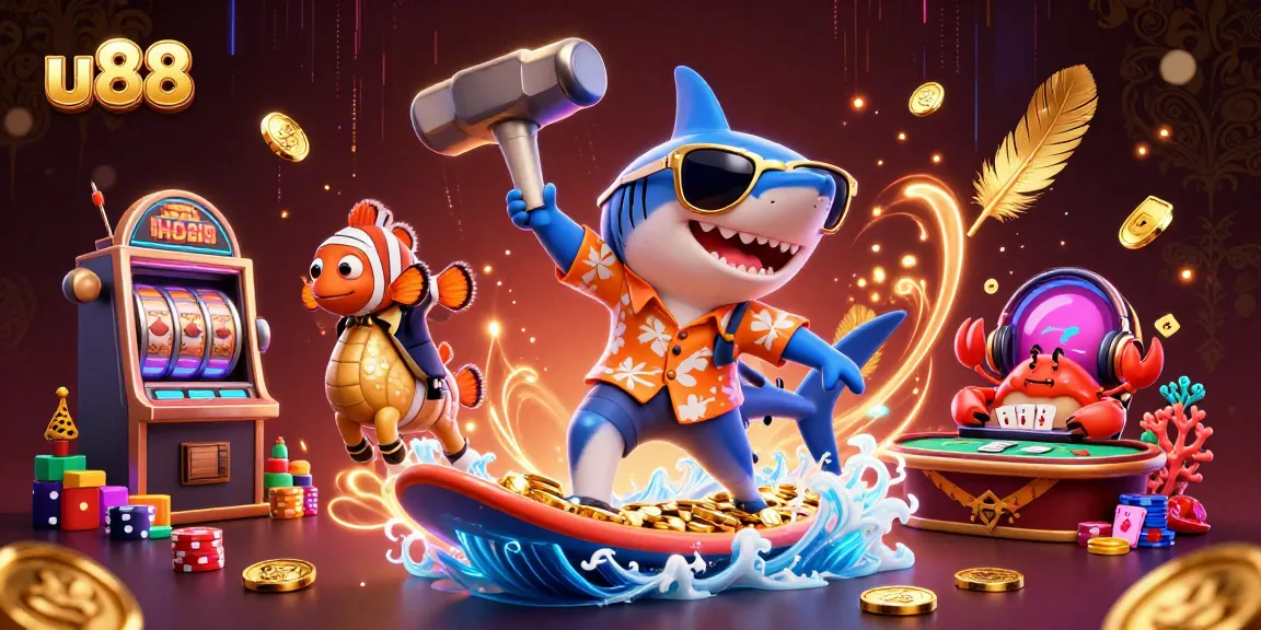 Join the excitement at u88 as the hammer-head shark surfs gold coins in a vibrant casino scene.