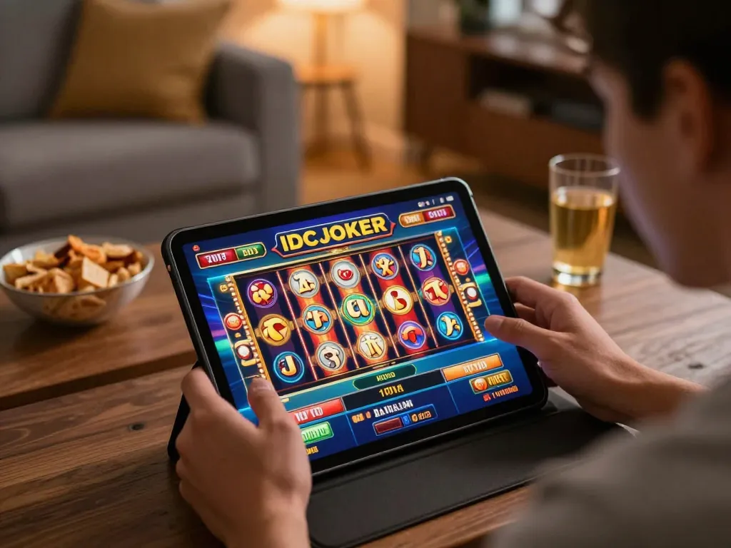 IDCJOKER player engaging with colorful slot reels during an exciting online gaming session.