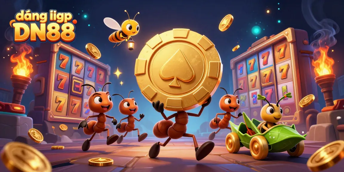 Join the excitement of đăng nhập DN88 with ants stealing a giant poker chip in a vibrant casino scene.
