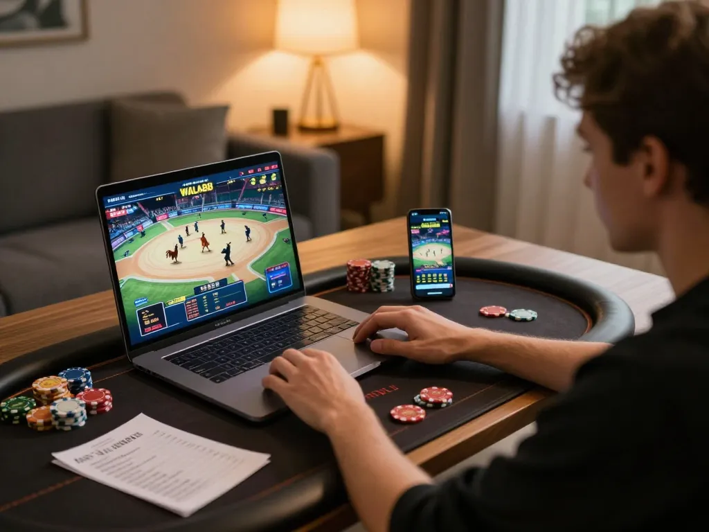 Engaged player utilizing WALA88 laptop for live cockfighting streaming and betting strategies