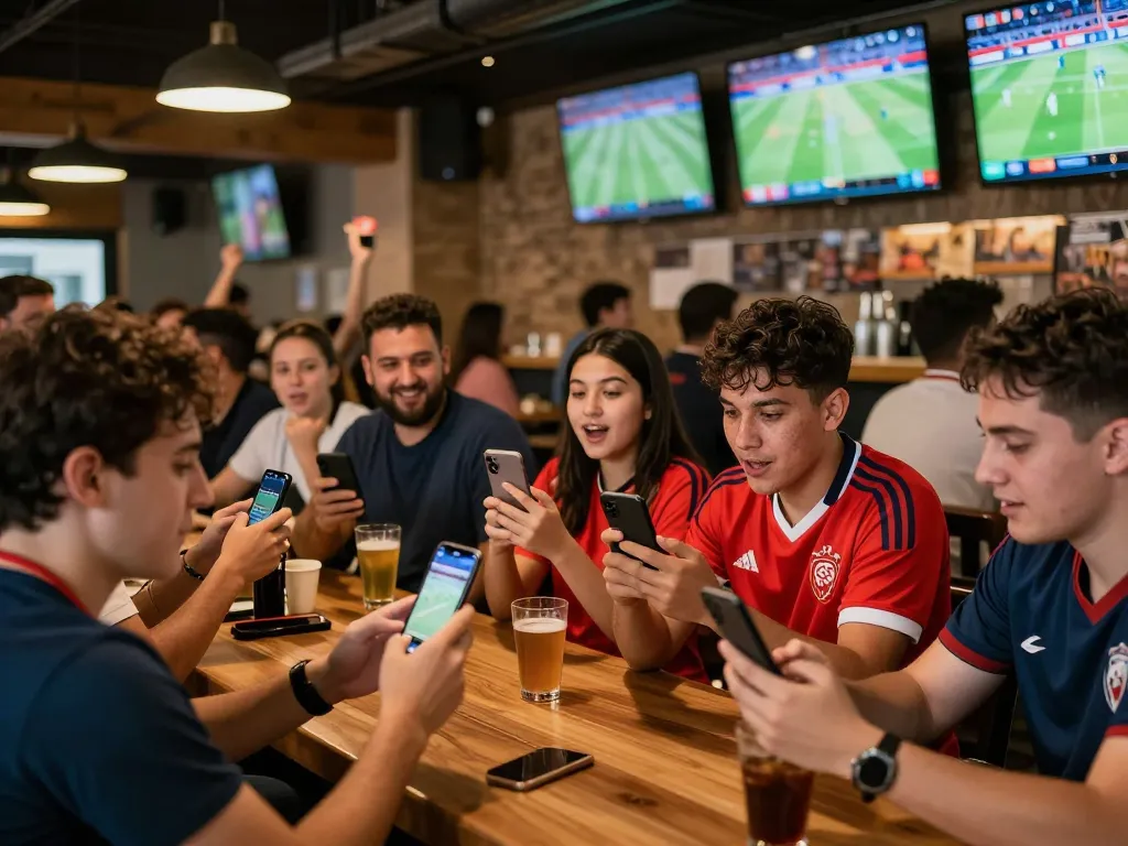 Cakhia tv streaming live football matches as excited fans engage with their mobile devices in a vibrant sports bar atmosphere.
