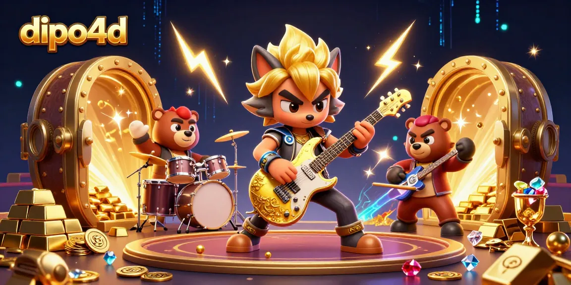 Engage with dipo4d's vibrant gaming scene featuring a rock star wolf and a wild bear drummer.