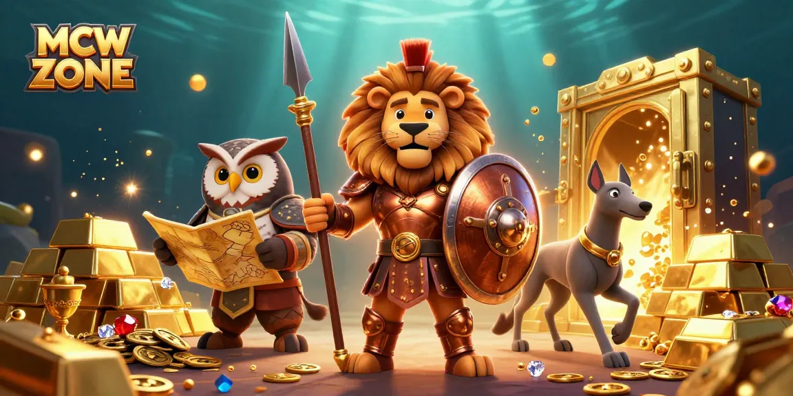 Join MCW ZONE for a thrilling 3D adventure with a Spartan lion, tactical owl, and swift greyhound in a golden treasure scene.