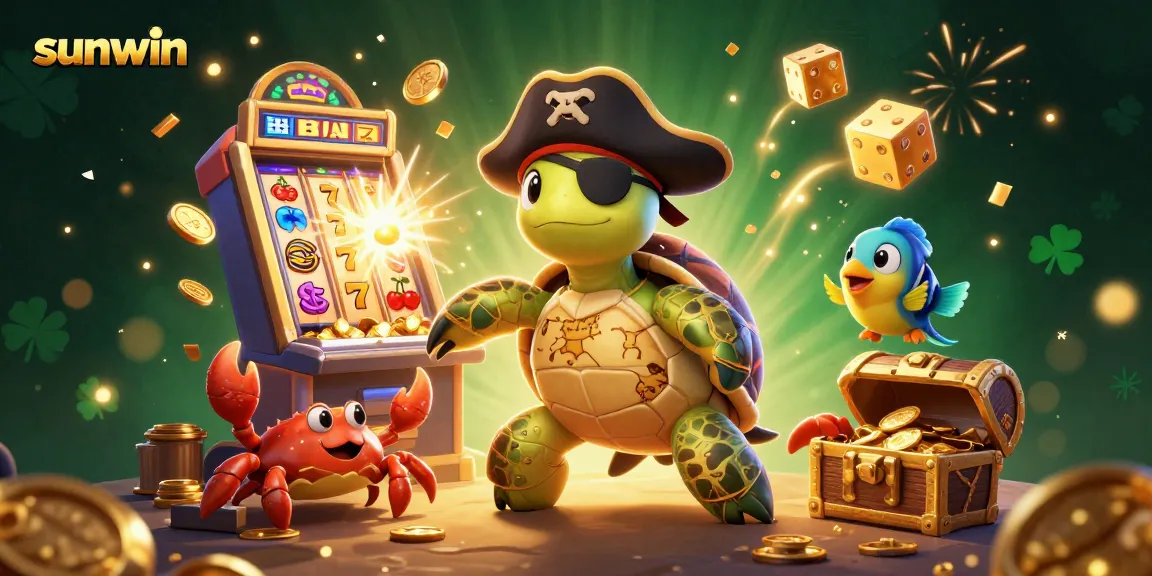 Engage with sunwin's vibrant casino adventure featuring a pirate turtle amidst rich treasures.