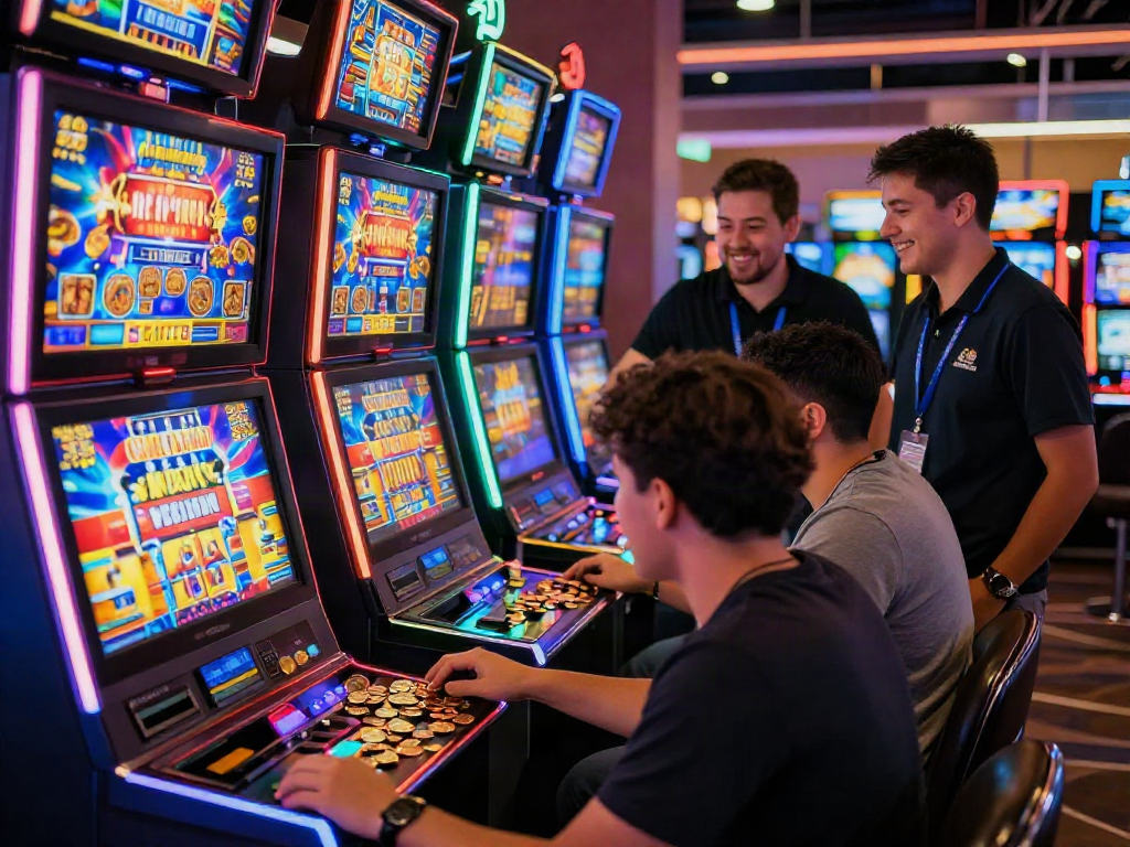 Pengalaman Slot Gacor dengan pemain terlibat di mesin slot yang cerah dan berwarna.