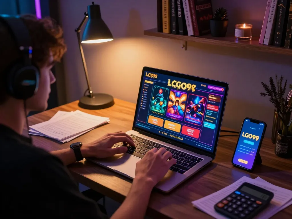 LGO99 online gaming scene showcasing a player strategizing with laptop and smartphone in a cozy setup