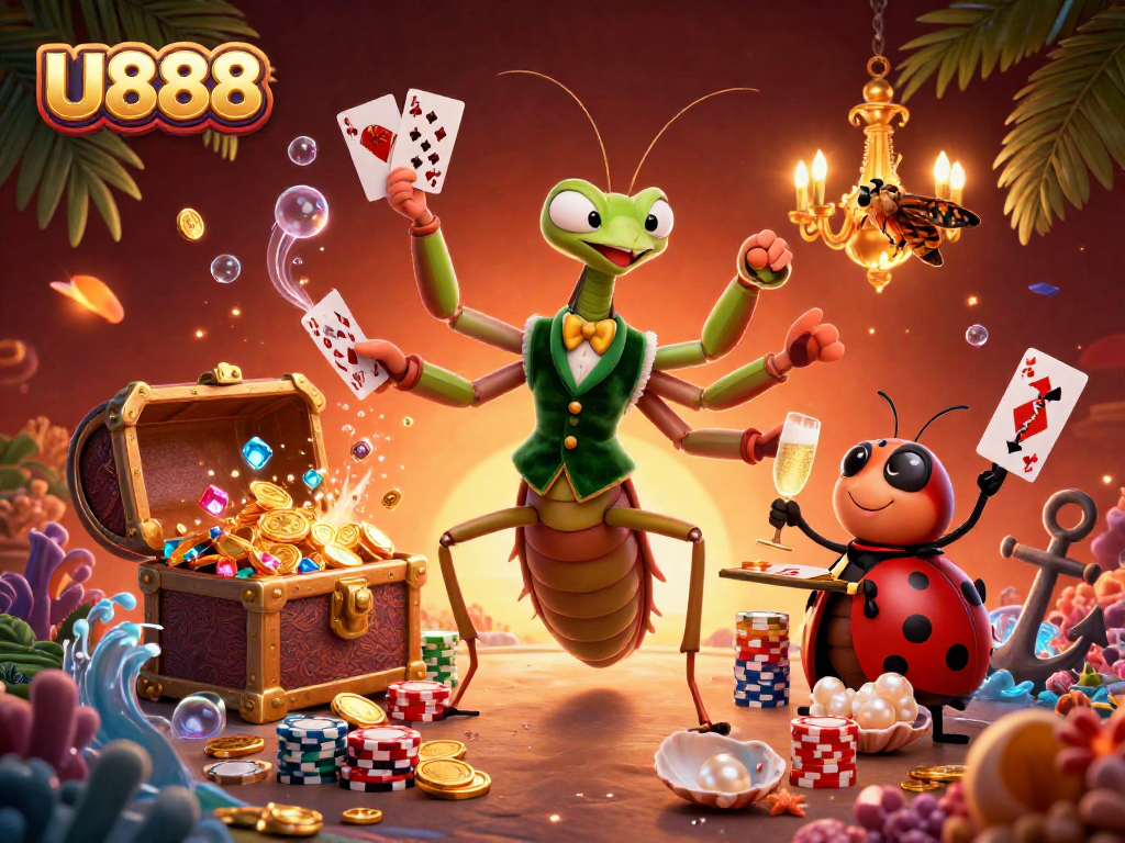 Experience exhilarating gameplay at U888 with a dynamic casino illustration featuring vibrant characters and rich details.