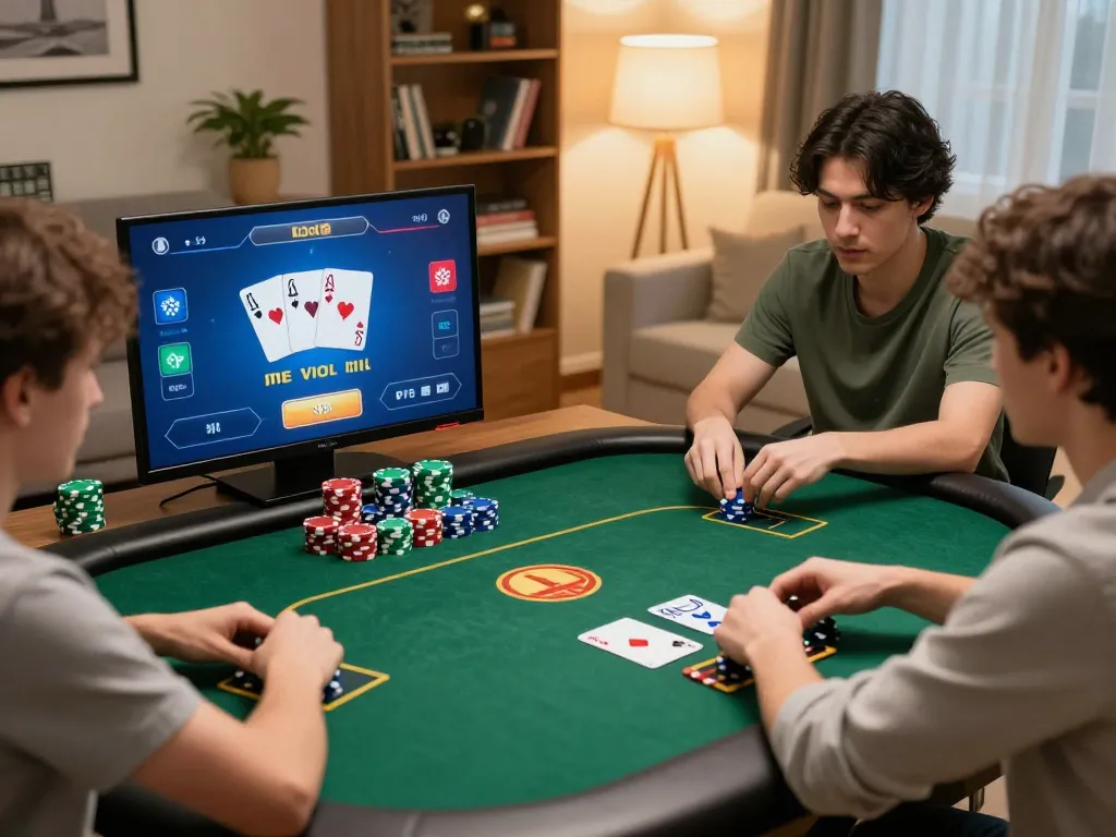 Pengalaman permainan poker online yang menarik dengan paris888 ditampilkan di layar, suasana yang meriah dan pemain yang fokus