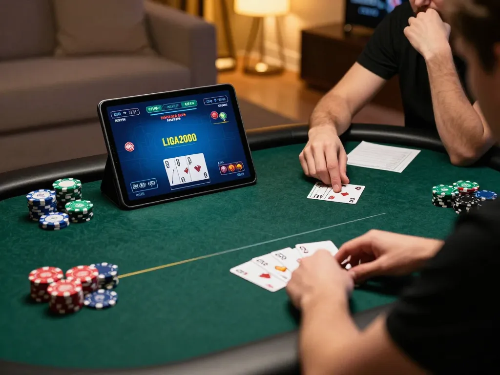 LIGA2000 poker gameplay on tablet revealing high-stakes decision moment in a cozy atmosphere