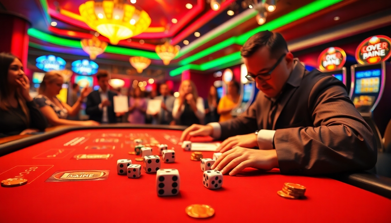 Memperhatikan situs togel dengan fokus pada meja kasino yang ramai dan penuh warna.