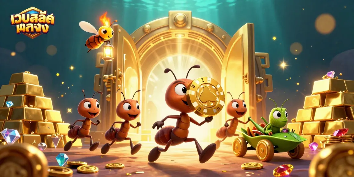 Engage in เว็บสล็อตตรง excitement with giant golden poker chip heist in a colorful gambling scene.
