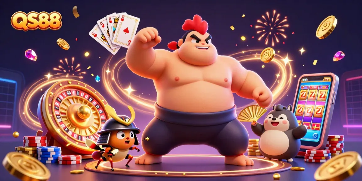 Engage in thrilling casino action with QS88 featuring a powerful sumo rooster and dynamic gaming elements.