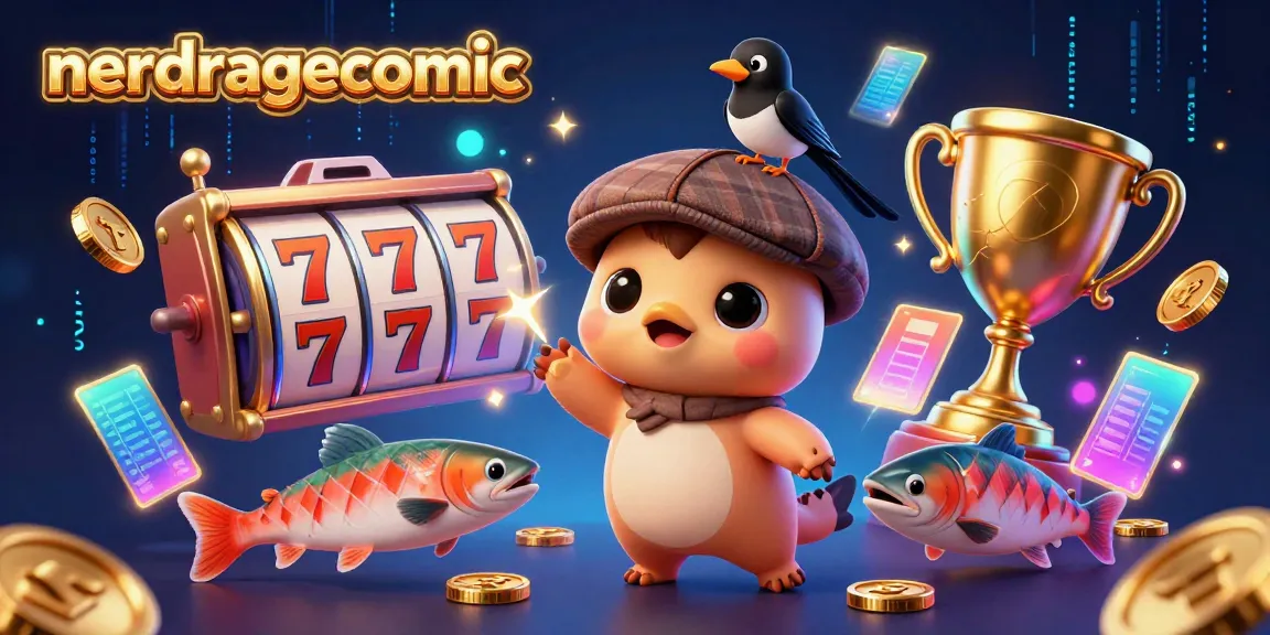 Gambarkan aksi dalam nerdragecomic dengan slot reel dan karakter lucu, berlimpah koin emas.