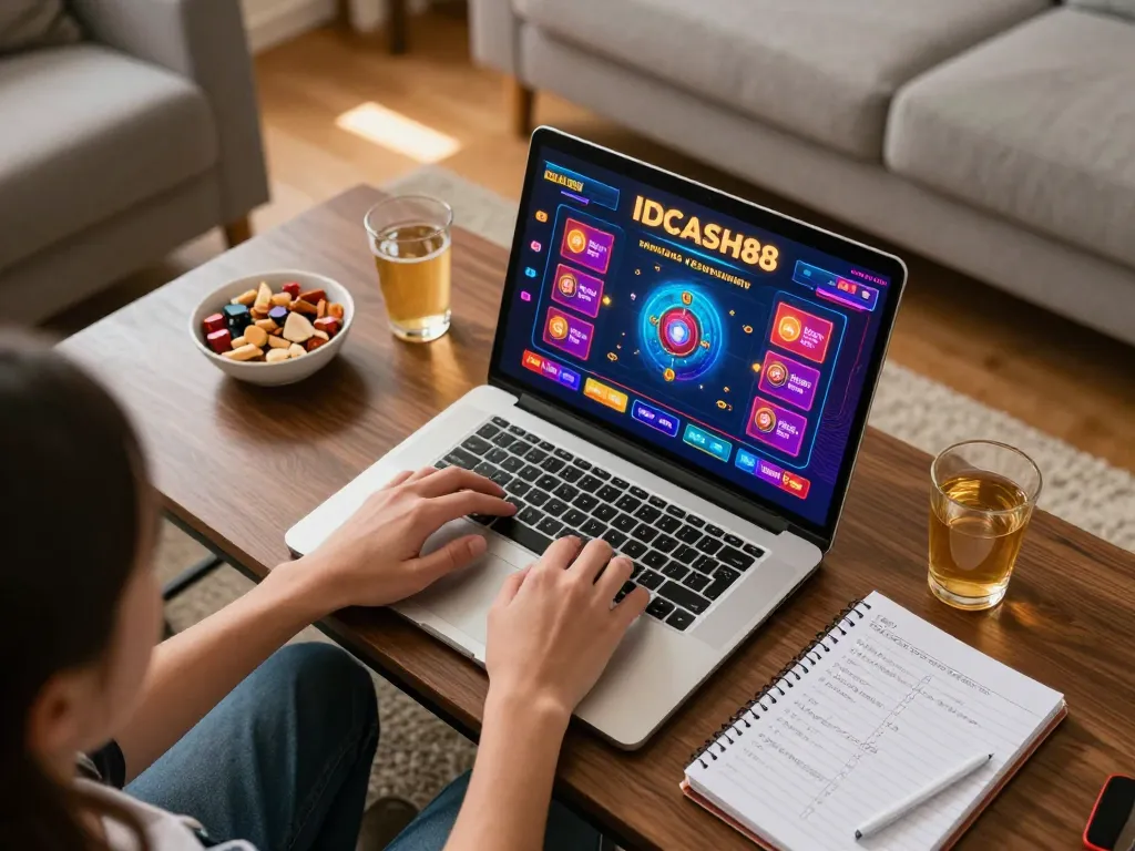 Playing games on IDCASH88 with engaging online graphics in a cozy home setting.