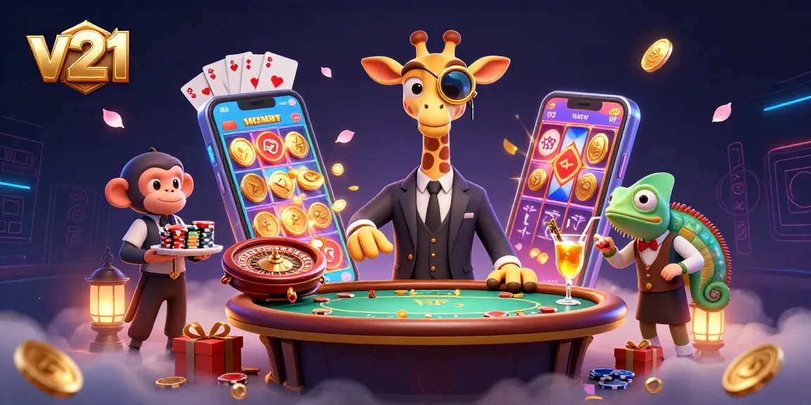 Mengakses V21 dengan beragam hadiah, chip poker, dan permainan slot yang berwarna-warni di dunia kasino.