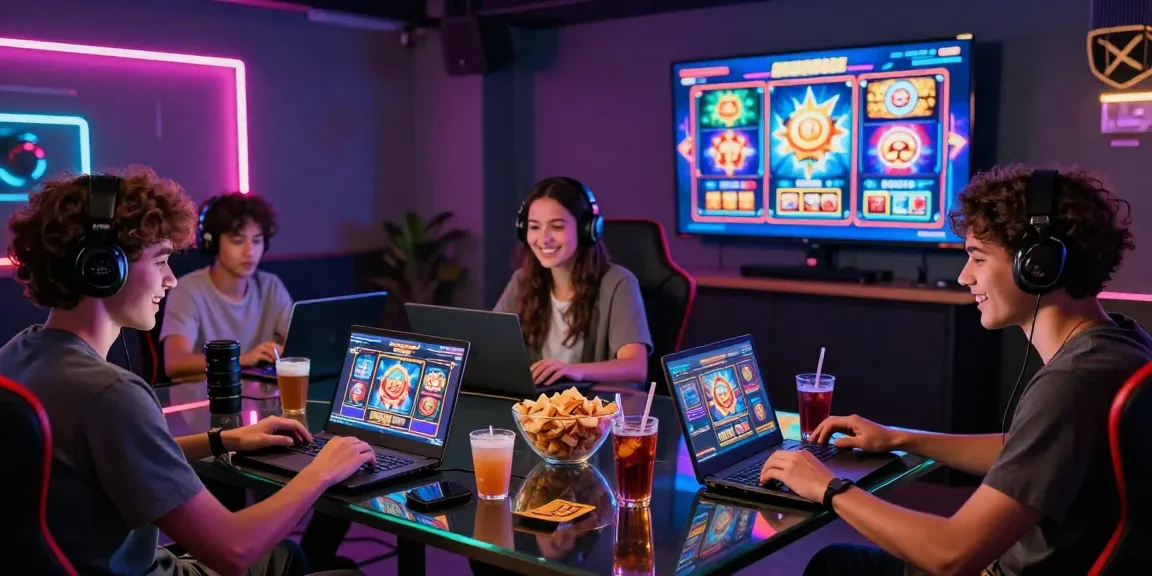 Friends enjoying slot games together in a vibrant gaming lounge.