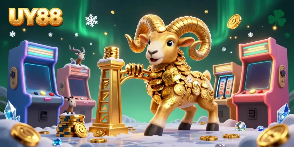 Experience UY88's vibrant casino scene with a golden ram charging through a golden gate.