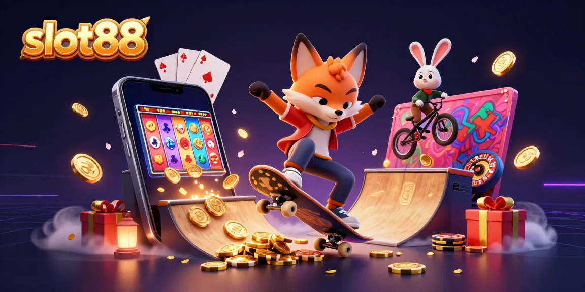 Slot88 menghadirkan pengalaman bermain slot luar biasa dengan ilustrasi dinamis dari karakter kartun yang bermain.