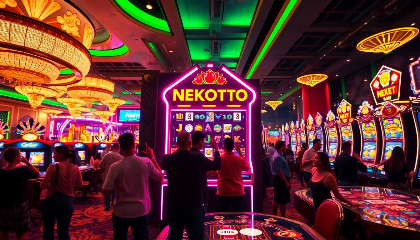 NEKOTOTO mesin slot menonjol di kasino yang meriah dengan pemain penuh semangat.