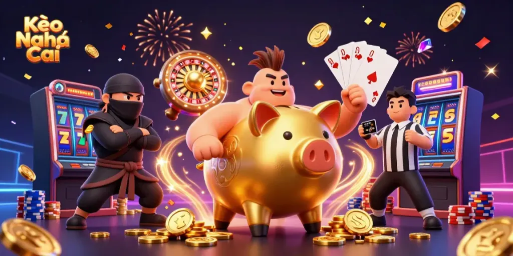 Engaging Kèo Nhà Cái scene featuring a sumo wrestler and ninja amidst cascading casino elements.