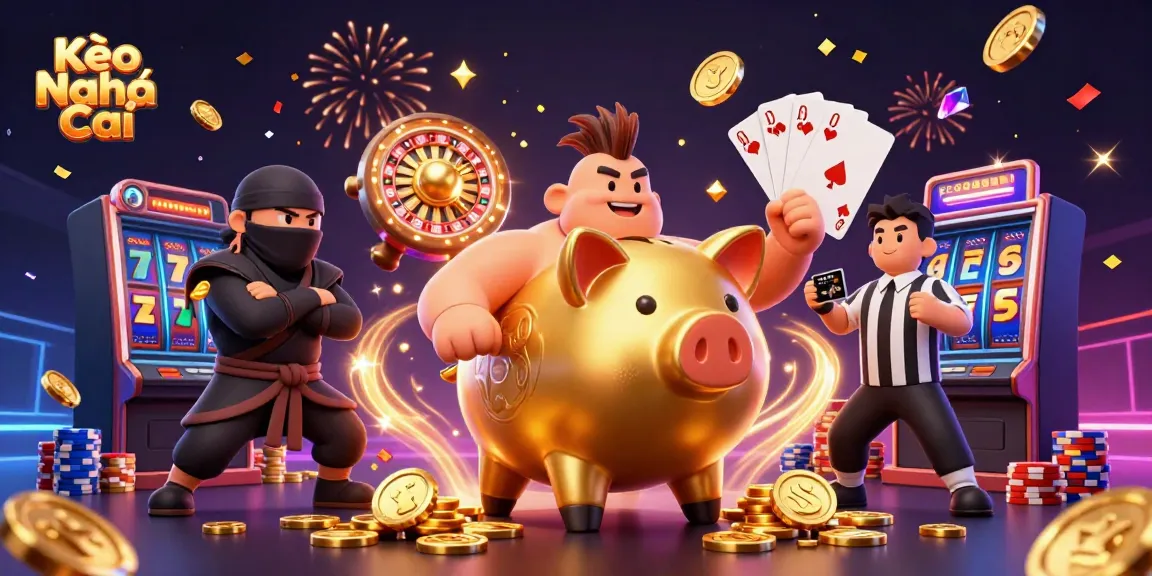 Engaging Kèo Nhà Cái scene featuring a sumo wrestler and ninja amidst cascading casino elements.
