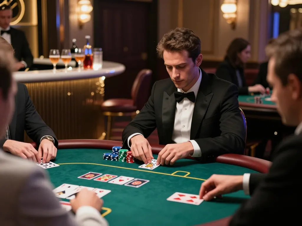 GO8 players engaging in a high-stakes poker game in an elegant private room, showcasing strategic excitement.
