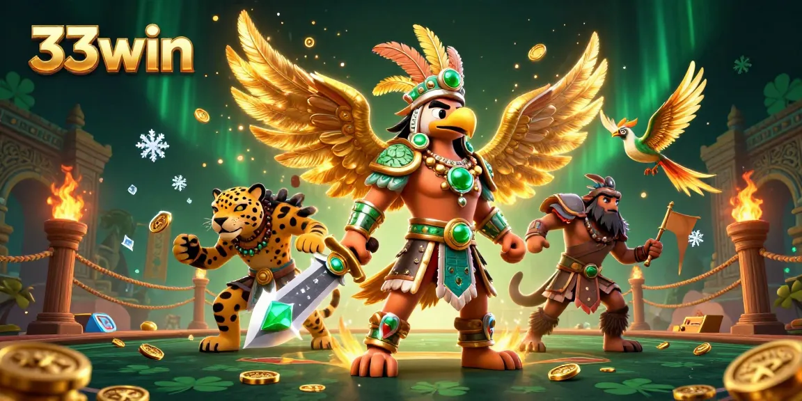 Experience thrilling gameplay at 33win with an epic scene of warriors and golden betting tokens.