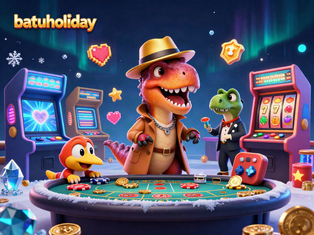 batuholiday showcases a thrilling 3D casino scene with dinosaurs engaging at a blackjack table.
