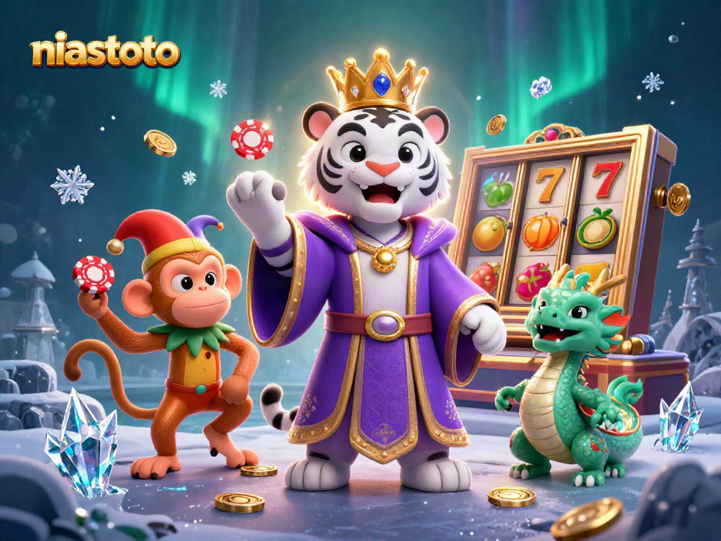 Ilustrasi 3D menampilkan niastoto dengan harimau putih elegan dan koin slot penuh warna.