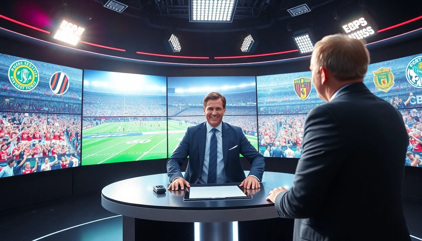 Engaging sports broadcasting presenter in a vibrant studio sharing live sports events.