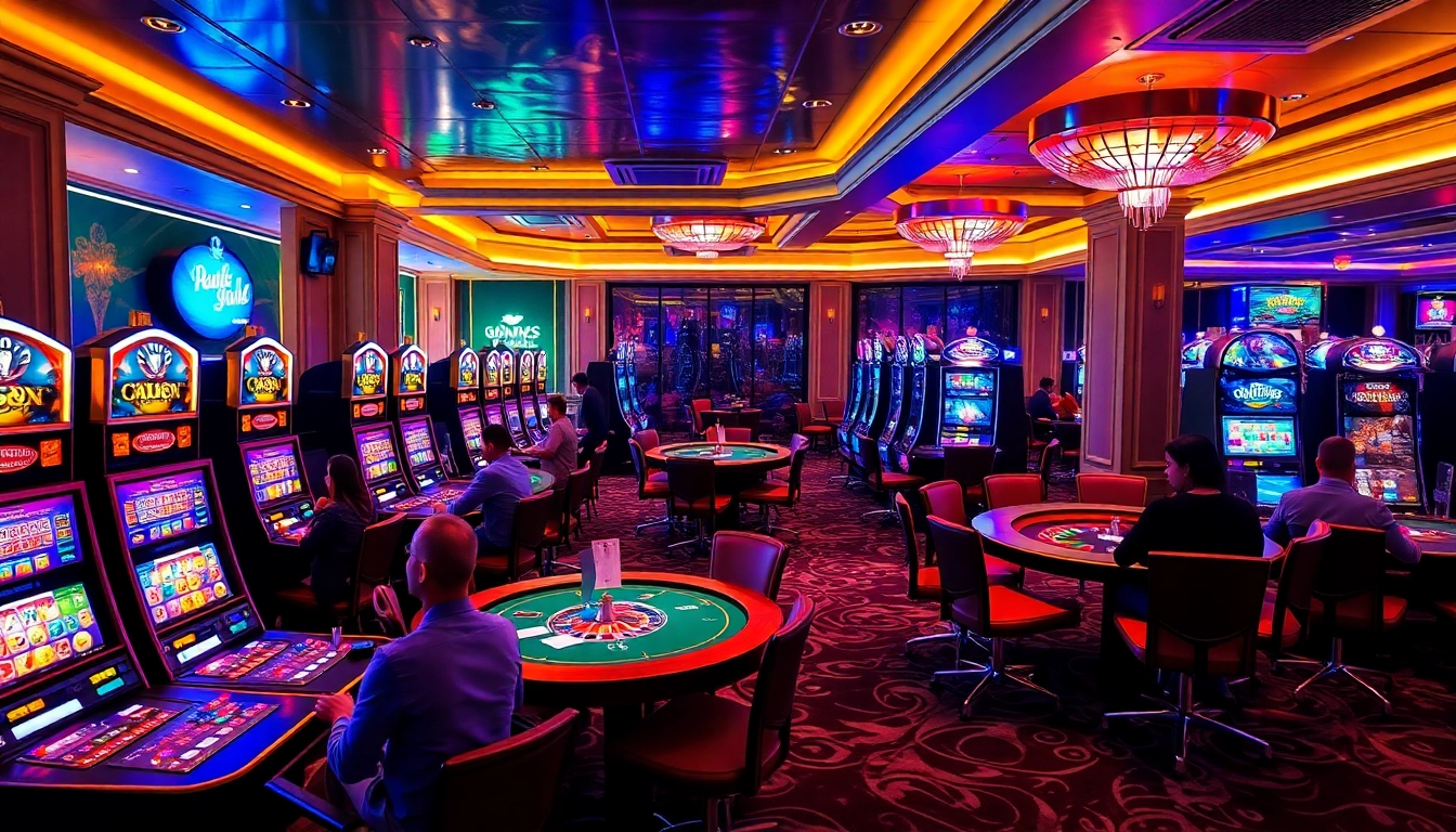 Kaisar 888 gaming scene with elegant tables, vibrant slot machines, and an exciting casino atmosphere.