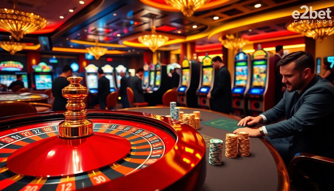 E2bet players celebrate winning at a vibrant casino filled with poker chips and roulette wheels.