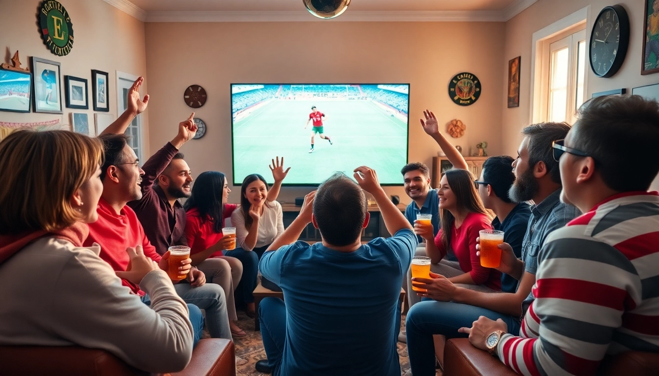 Football fans enjoying a match on LuongSon TV, showcasing an exciting watch party atmosphere.