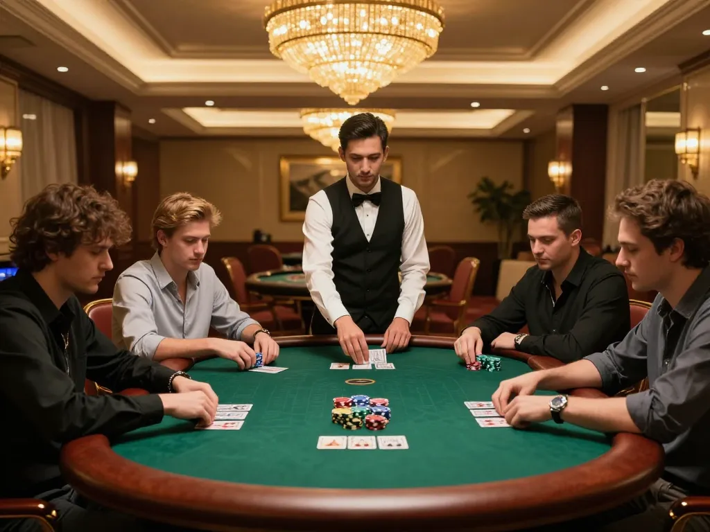 UGDEWA high-stakes poker scene with players focused on their cards and chips, capturing the strategic gameplay atmosphere.