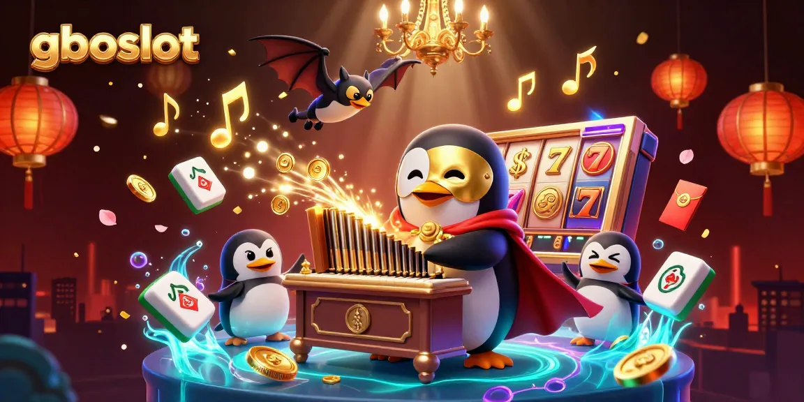 Permainan slot menarik dalam gboslot dengan penguin opera fantom, simbol keberuntungan, dan suasana ramai.